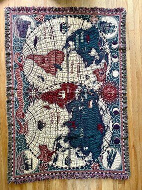 Vintage World Map Woven Throw Blanket | Cottagecore Tapestry